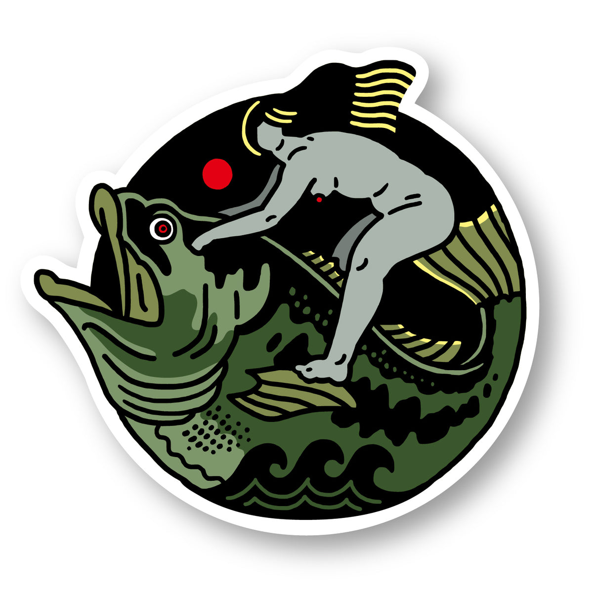 BASSERS UNITED® SURFING BASS STICKER - Bass Fishing Lifestyle Apparel